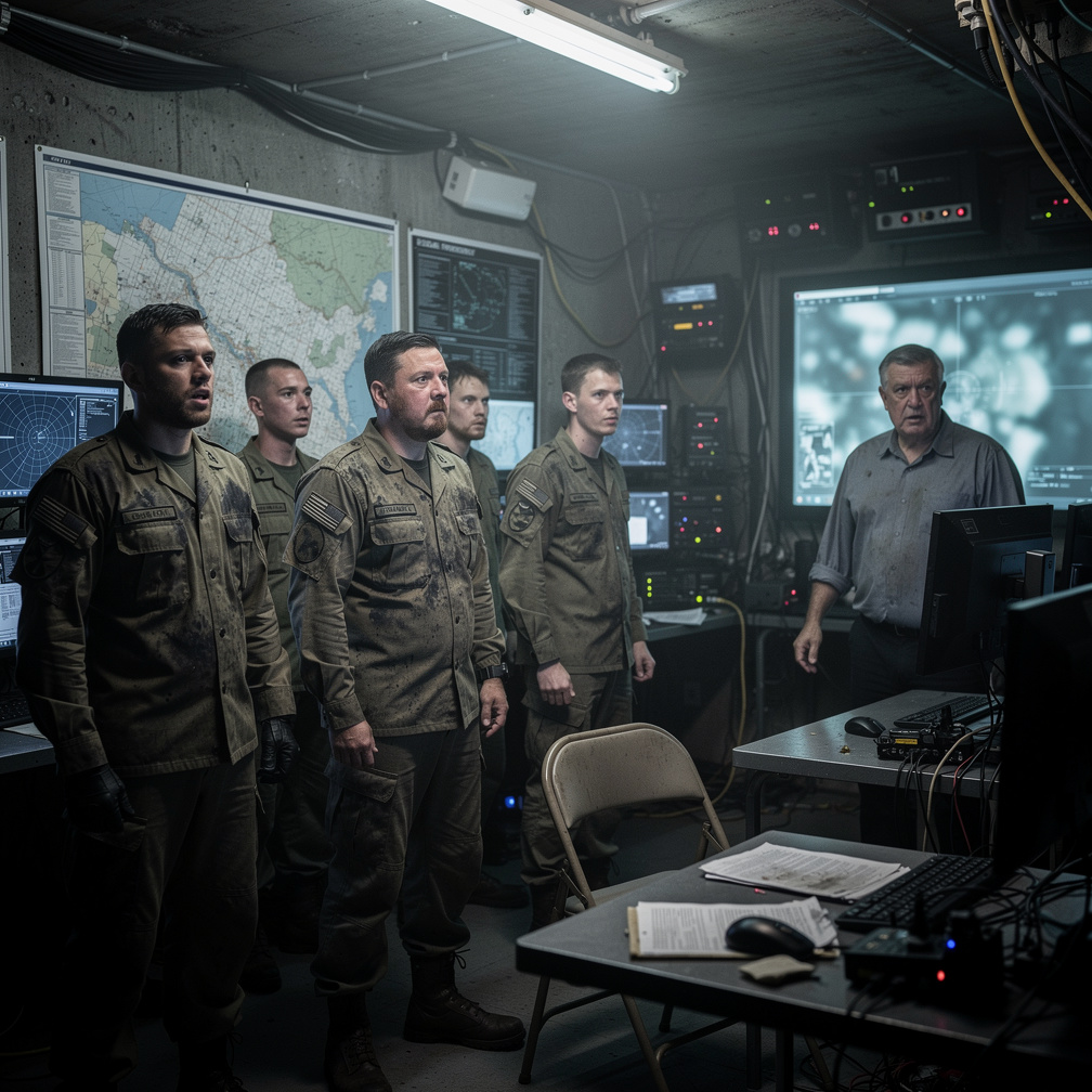 In a dimly lit, cramped bunker, the soldiers are in shock, their faces illuminated only by the faint glow of computer screens