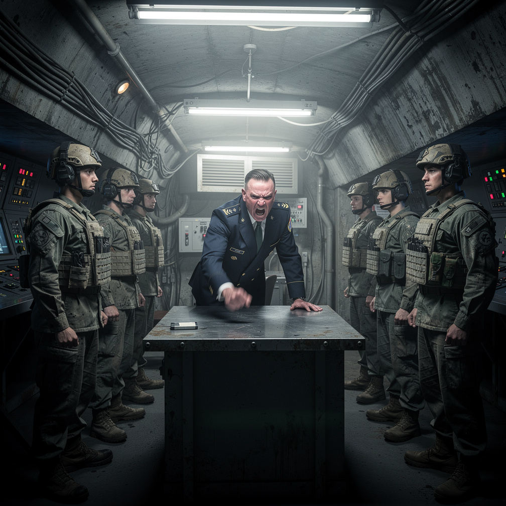 President in bunker gets angry at soldiers.