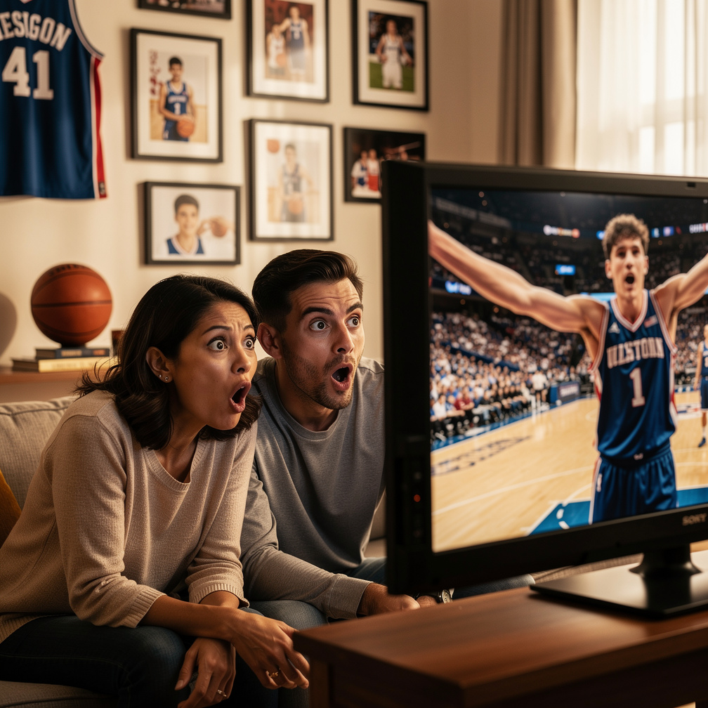 His mom and dad look in tv shocked.