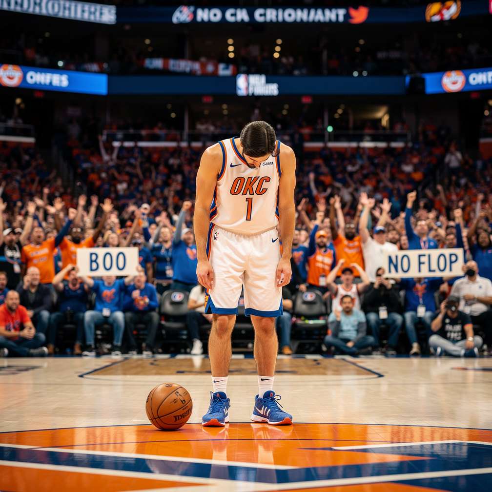 The crowd boos him for fake fouling.