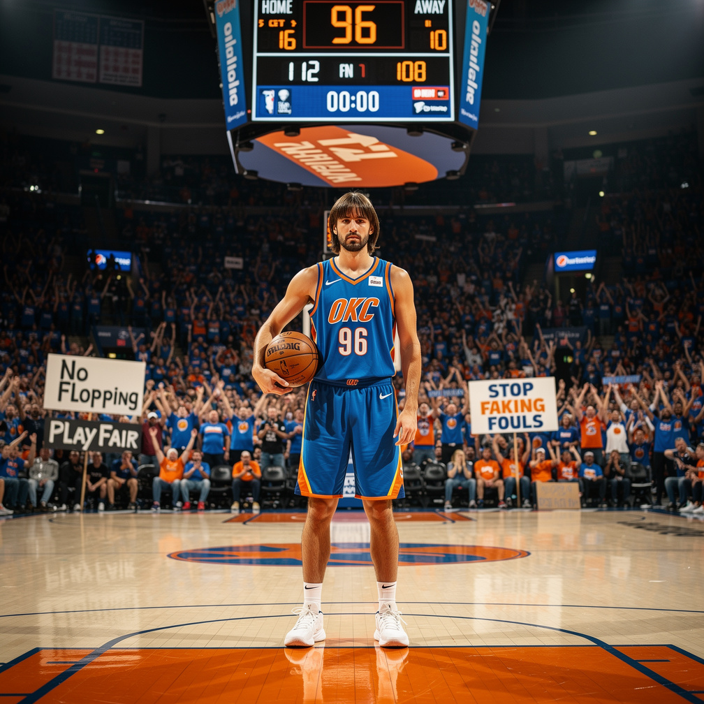 His next game he tackles fake fouling to get points again and gets 96 points. Crowd boos and hold up signs saying no flopping