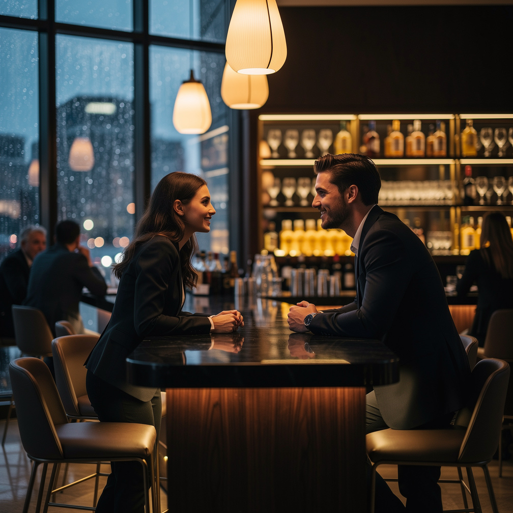 The girl enters the bar to celebrate a personal achievement, while the boy is there trying to forget a difficult day. A small