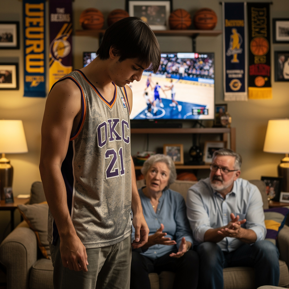 His mom and dad scold him after the game, disappointed by his actions.