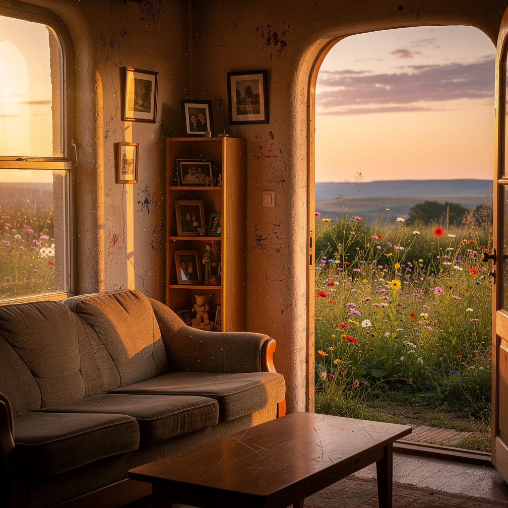Imagine se: Em um cenário iluminado pelo suave brilho do pôr do sol, a história dessa menina se desdobra em uma casa simples,