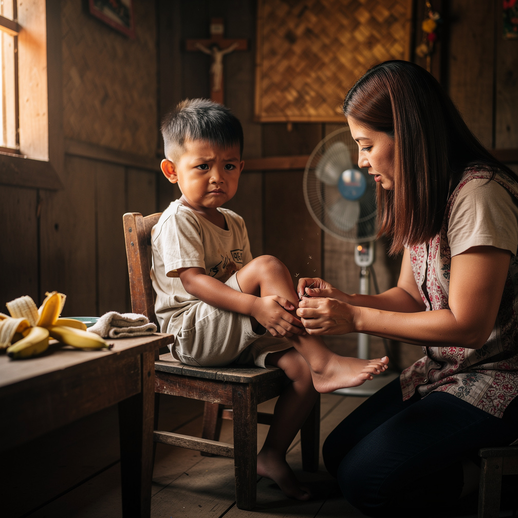 Nanay gently lifted Bunso's foot to examine it.
