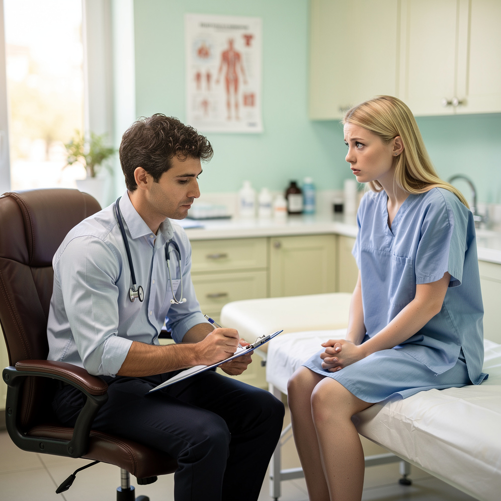 The doctor scribbled notes on a clipboard, eyes fixed on the patient's anxious face.