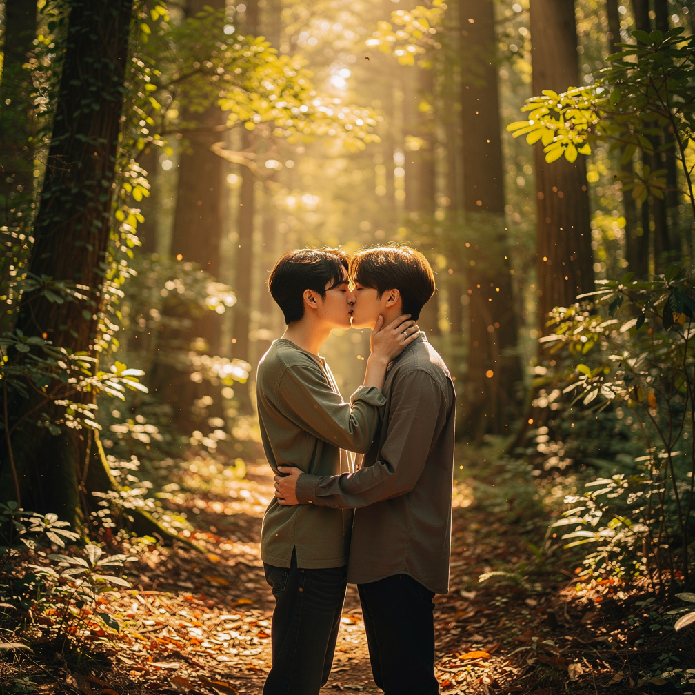 Jungkook and Raehyung kiss and grind in forest. Lay down on top him