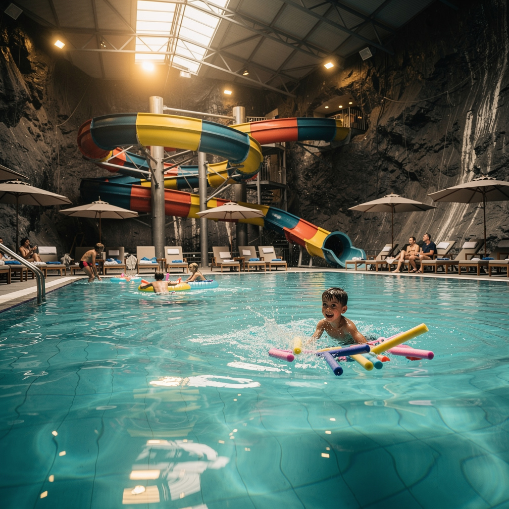 Children played in the deep end, unaware of the mine's hidden past beneath the water.