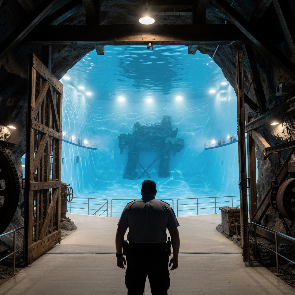 The security guard followed the sound of the water. Behind the old door, he discovered an underground pool that wasn't on the