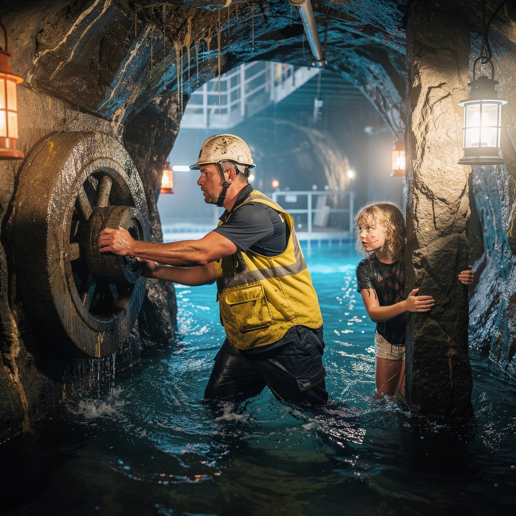 The emergency team entered the ancient tunnel and discovered a massive stone mechanism that controlled the flow of the underg