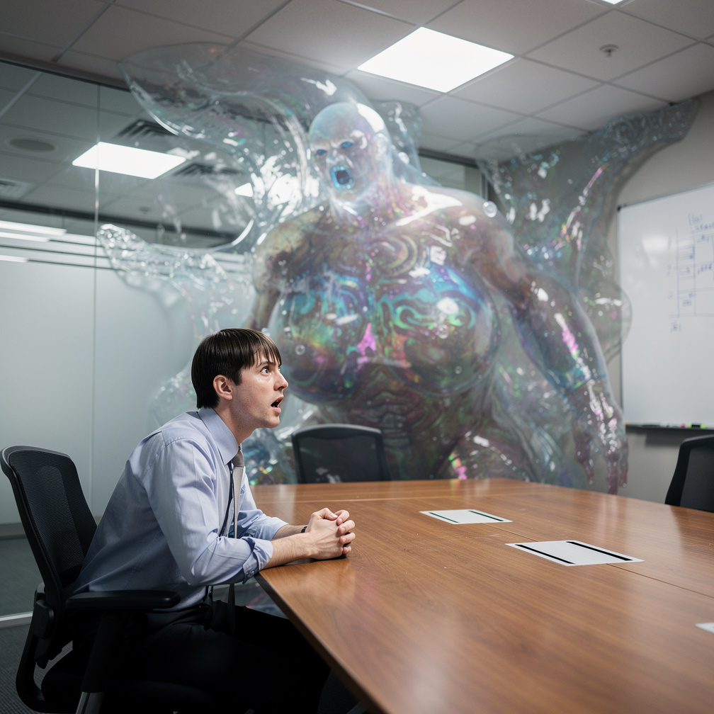 Your mind reels as the amoeba creature looms closer, its voice a cacophony of familiar tones, demanding to know why the Johns