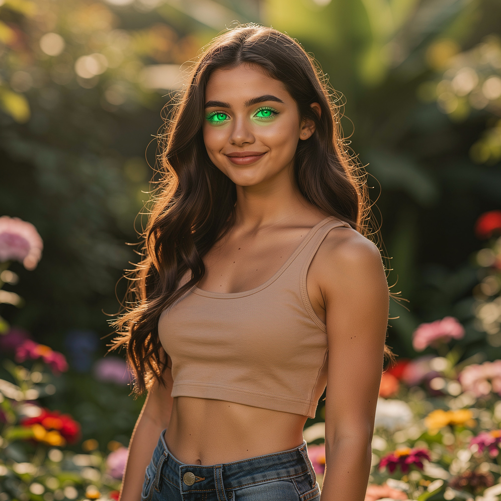 Con ojos verdes brillantes y cabello oscuro.