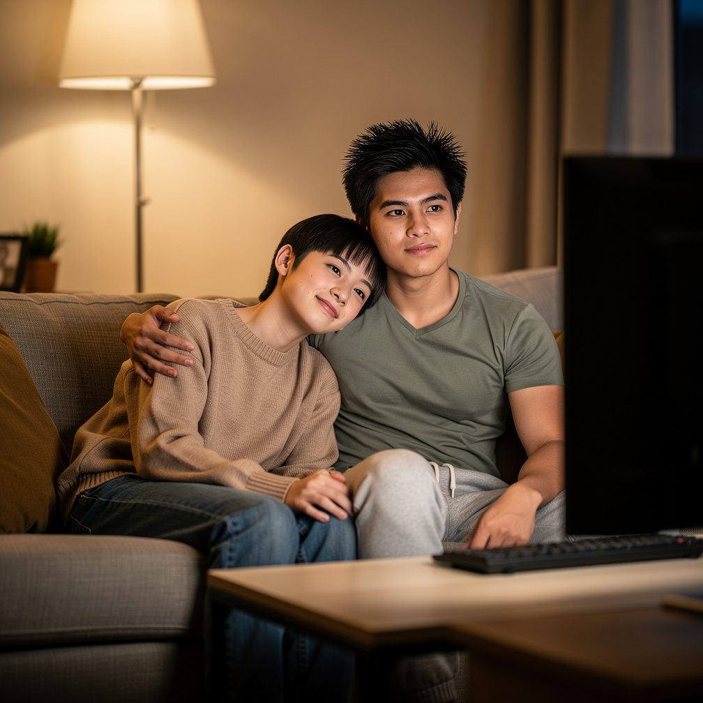 The adorable man leaned against her shoulder, embracing each other as they watched television.