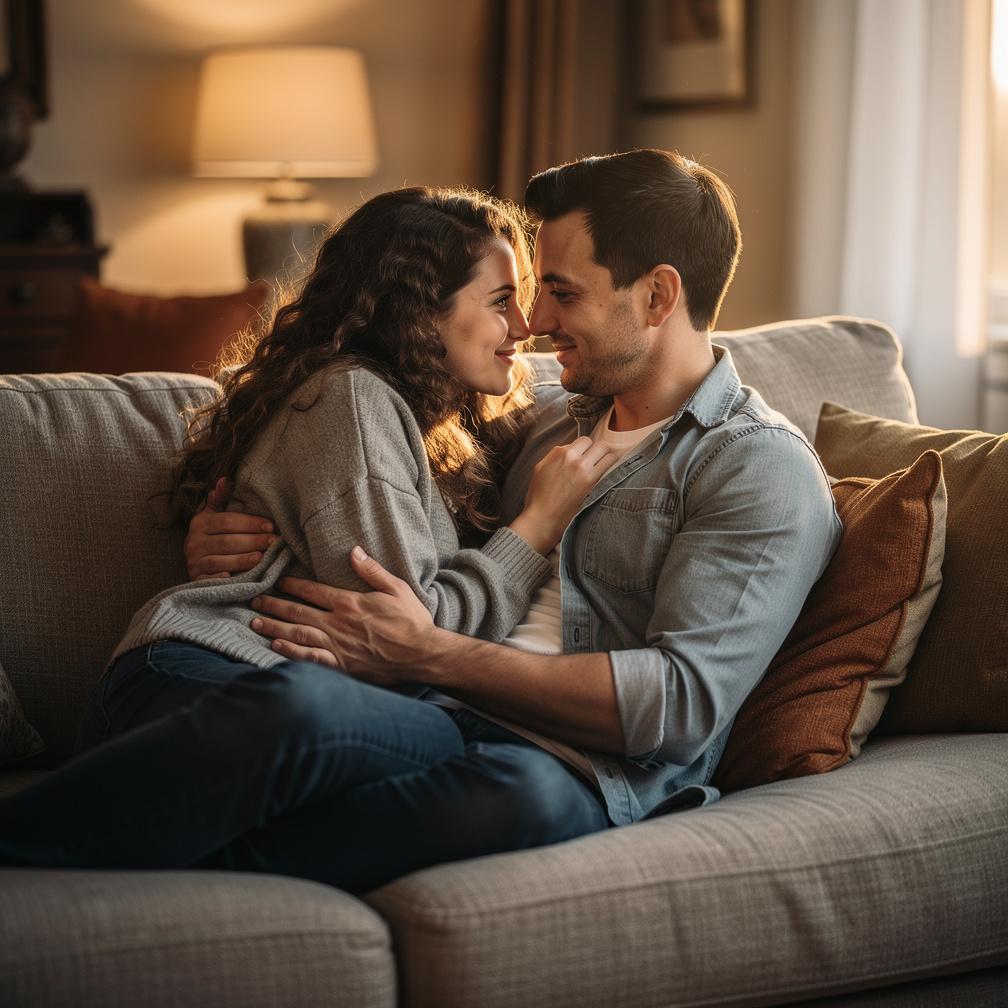 They lay on the sofa, their clothes mysteriously gone, their bodies entwined as they gazed at each other.