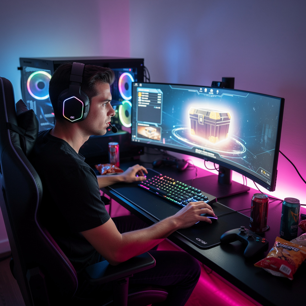 Imagine if: Panel 1 (Wide shot): Dim RGB gaming room. Alex (normal human guy) at his desk, headset on, clicking a glowing cra