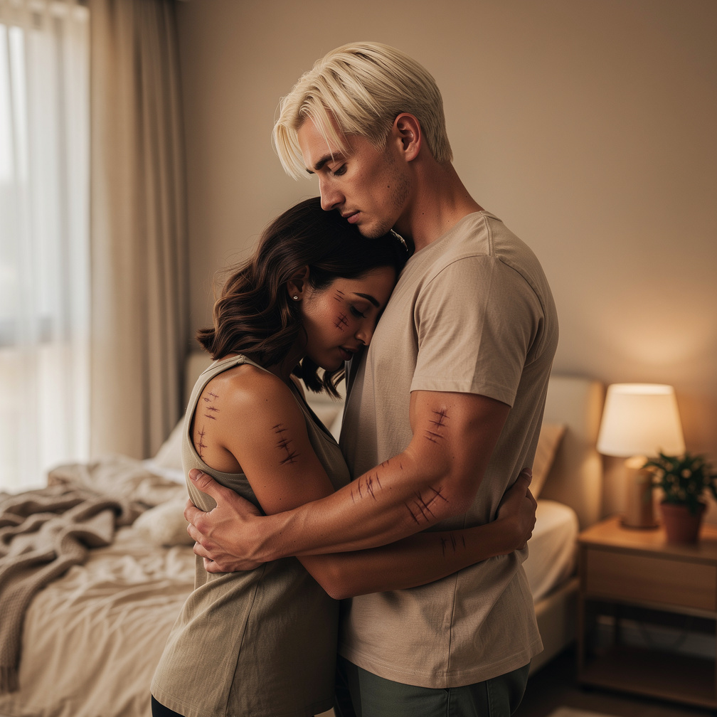 Ace gently wraps his arms around Zein, whispering softly as she buries her face in his chest, the warmth of his skin a soothi