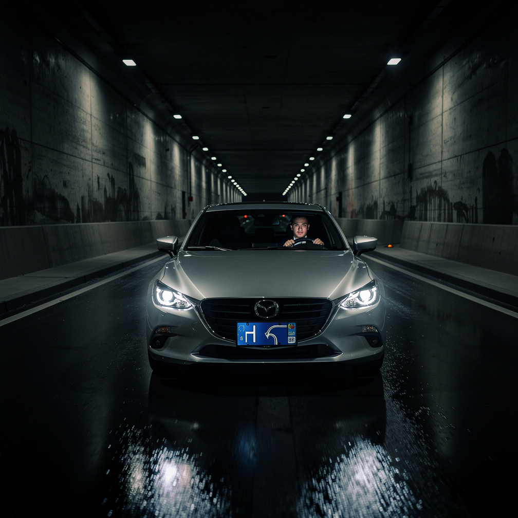 The GPS announced a sharp turn ahead, and darkness fell as the highway entered a tunnel.