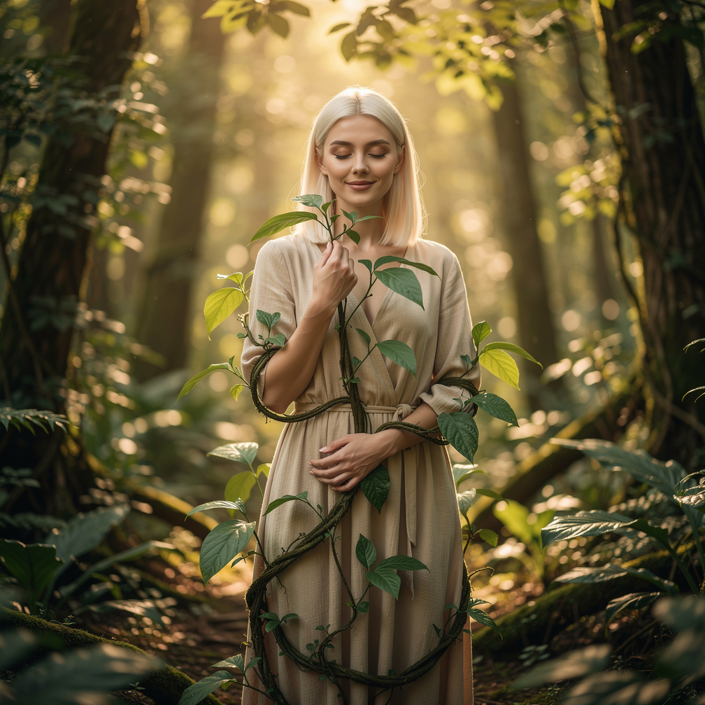 The vines tighten, gentle whispers echo, as tender leaves caress your face, and a soft, soothing voice whispers your name.
