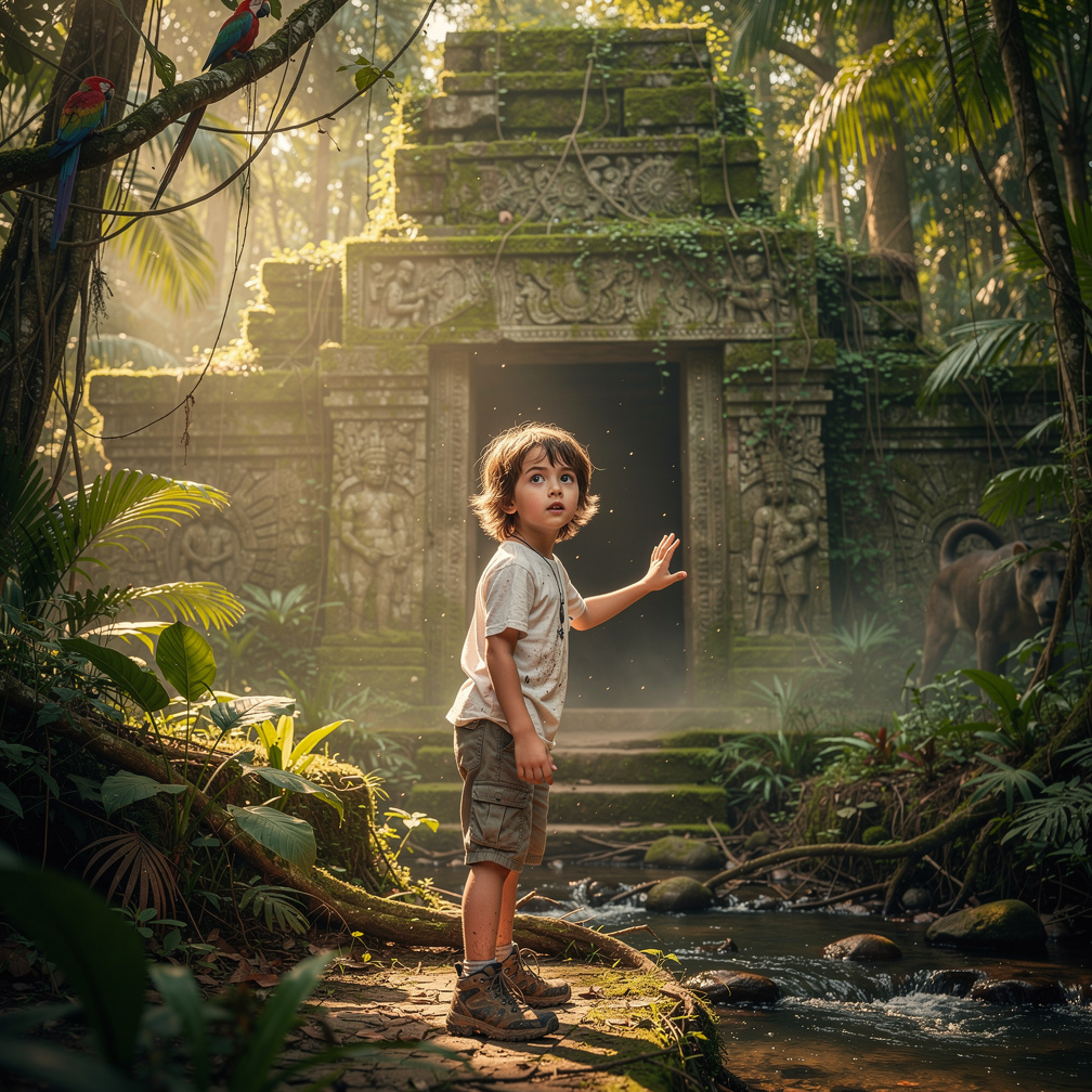 He stumbled upon ancient ruins hidden behind thick foliage, curiosity sparking in his eyes.