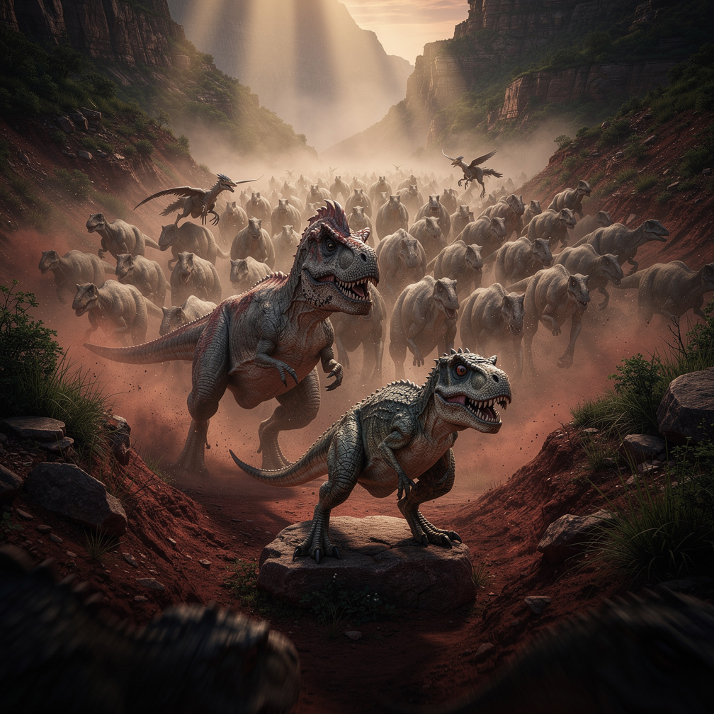 He uses the Utahraptor trio to frighten a herd of hundreds of panicked Edmontosaurus and lure them right towards the canyon w