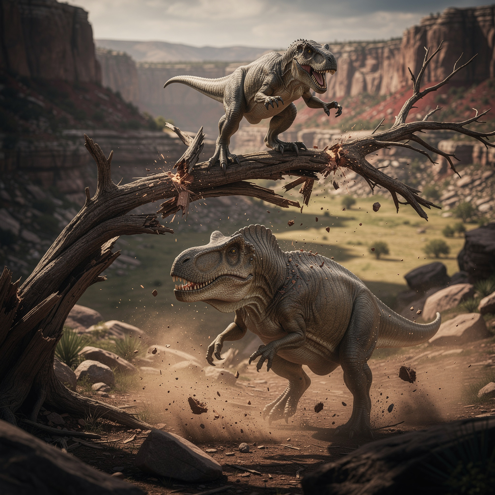 Just when the duck-billed Edmontosaurus are about to swallow him, he manages to climb a dead, dry tree clinging against its b