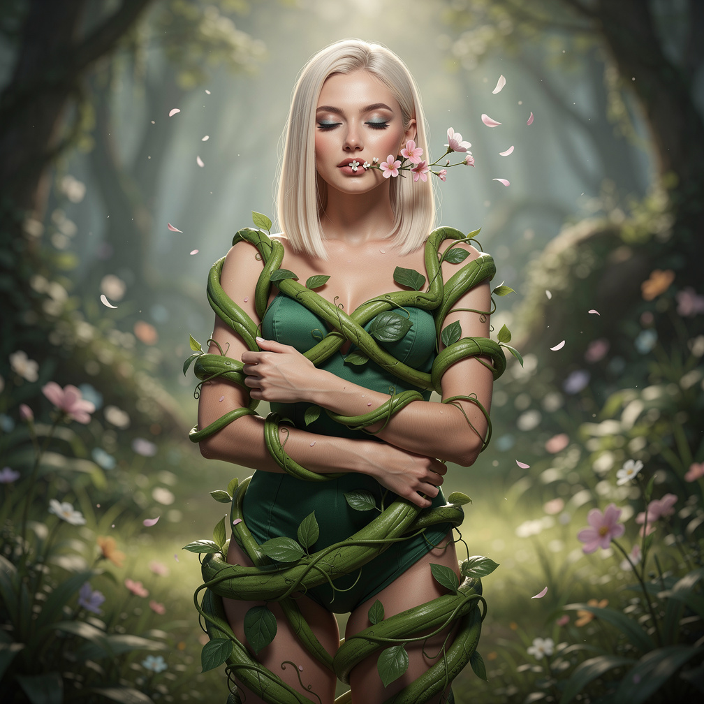 Vines curl tighter, petals brush lips, a sweet scent envelops, and the whispers grow louder, a gentle hum vibrates through.