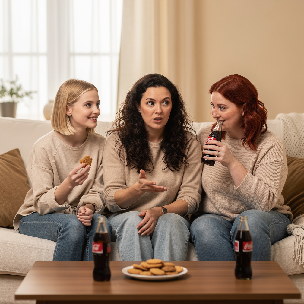 تبتسم بناتها بشكل مشوق بينما ترفض الأم أن تلاحظ التناقض بين كلامها وفعلاها.