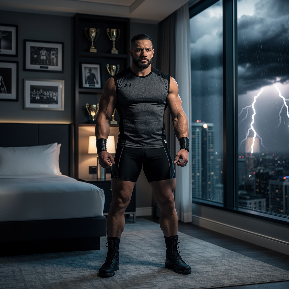 You now stand in Roman's hotel room, wearing his wrestling gear, hearing his theme song blaring outside.