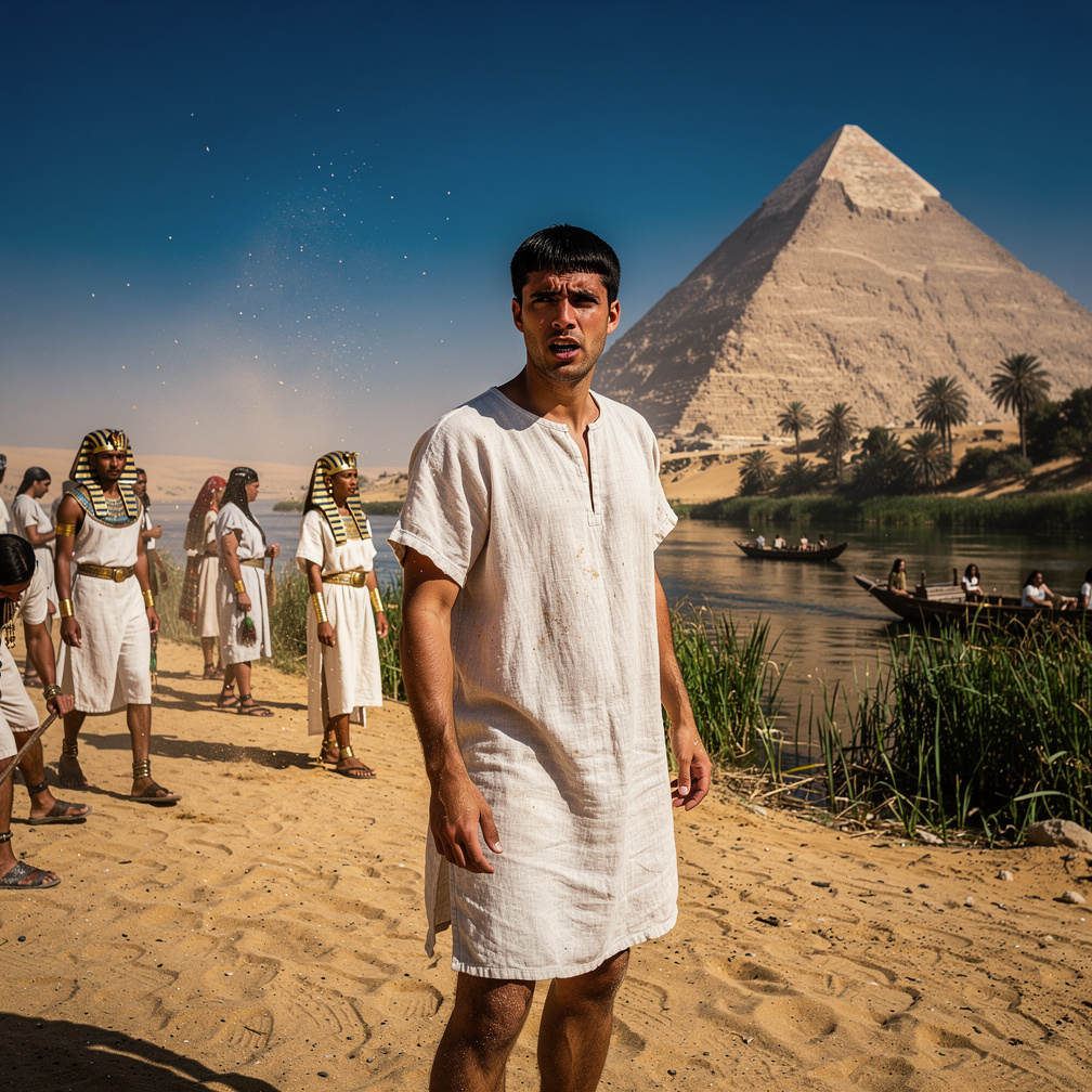 You find yourself standing near the Nile River, surrounded by pyramids and people in traditional Egyptian clothing, with no m