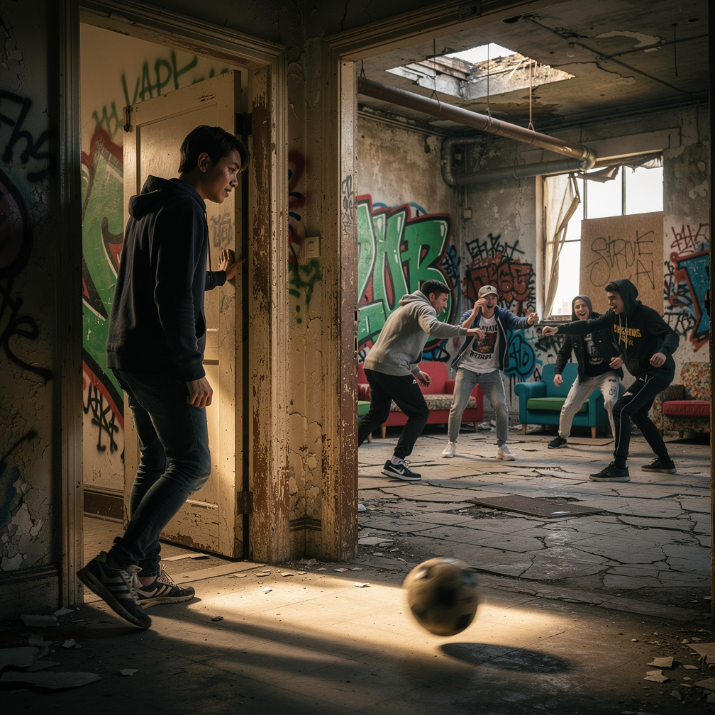 Inside that old Manor He Walks to Apartment he looks The guys Playing soccer with no kits but Streetwear.
