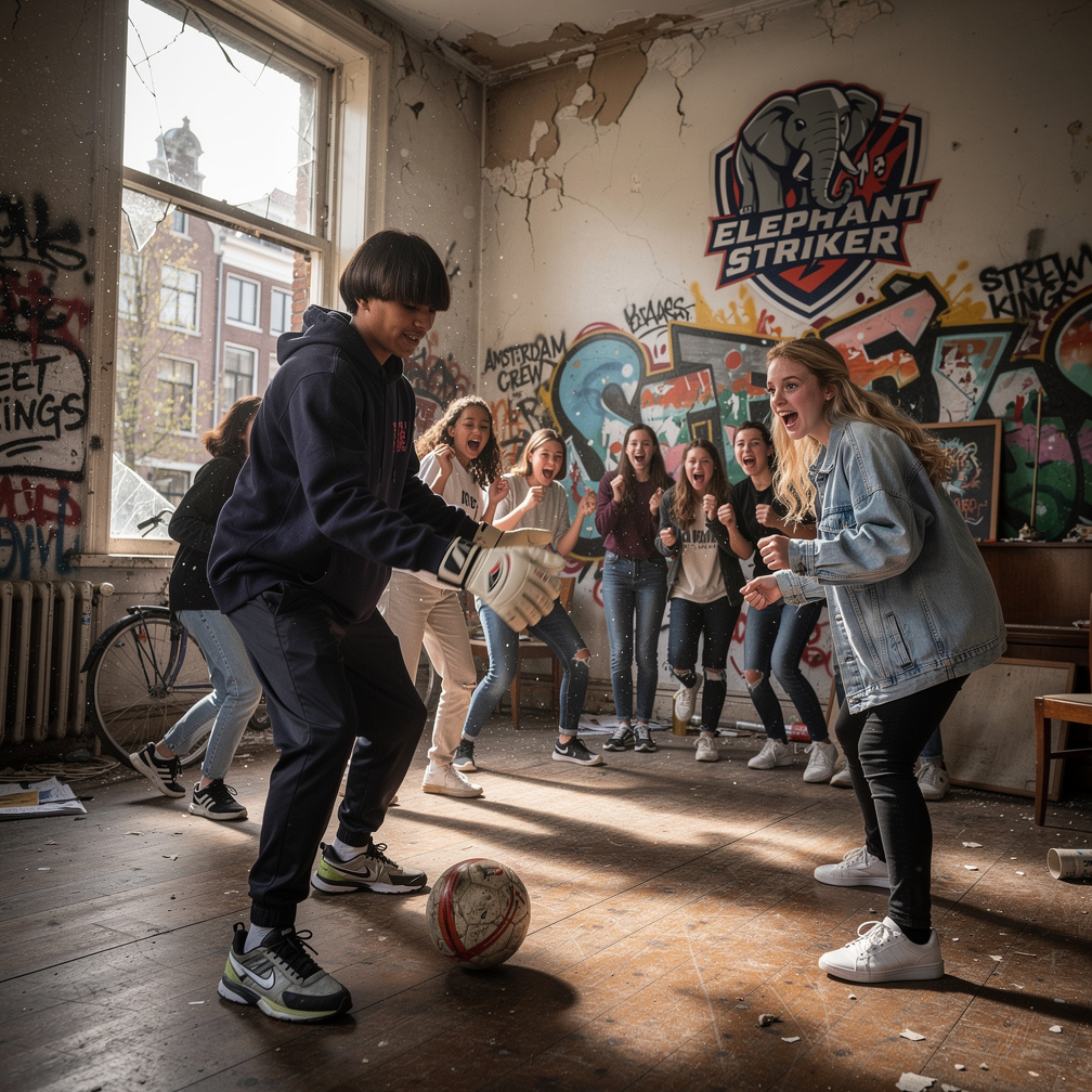 He jumps to Apartment by Old Manor playing Street football with girls and boys.