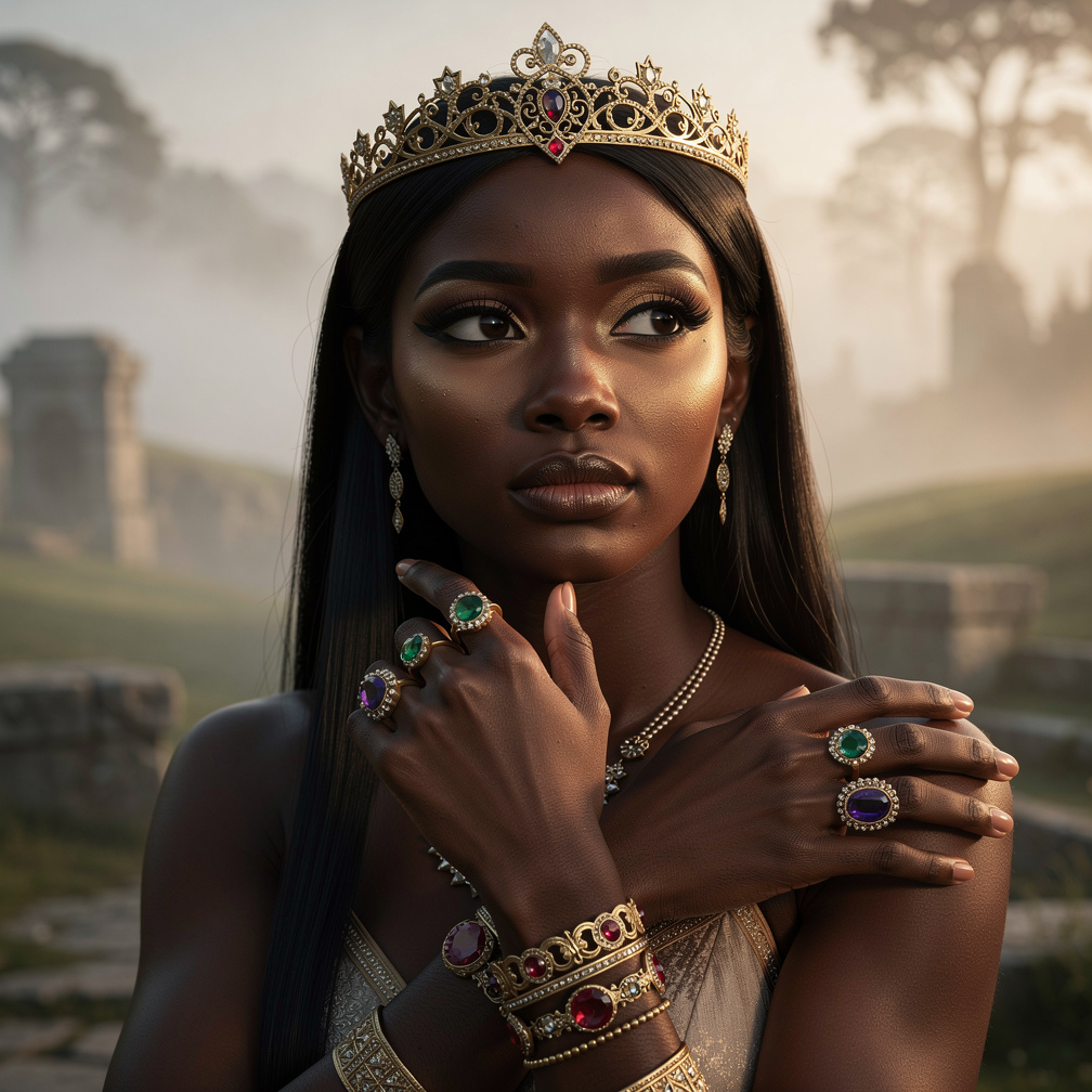 She put egyptian makeup on her face: eyes, cheeks, eyelids and lips and jewelry on her ears, fingers, neck and arms: earrings