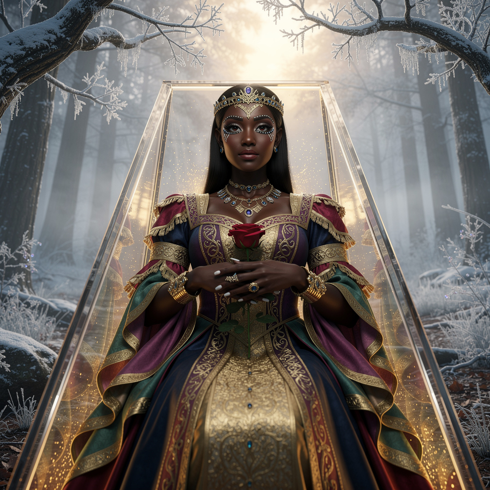Twelve good fairies dressed her up with finest dress, jewelry, shoes  and ancient egyptian makeup on her face: eyes, cheeks, 