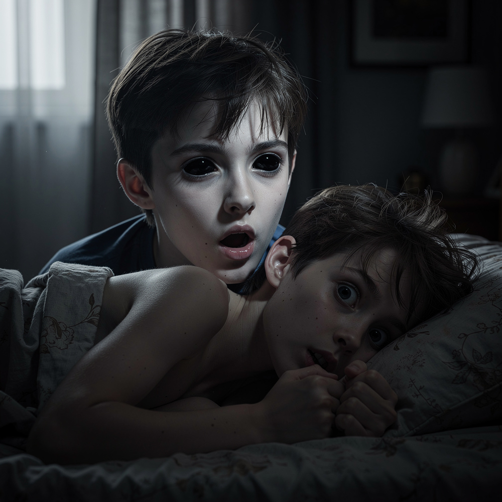 Imagine if: As you lie in bed, you feel an icy breath on the back of your neck, and when you turn, your own face is staring b