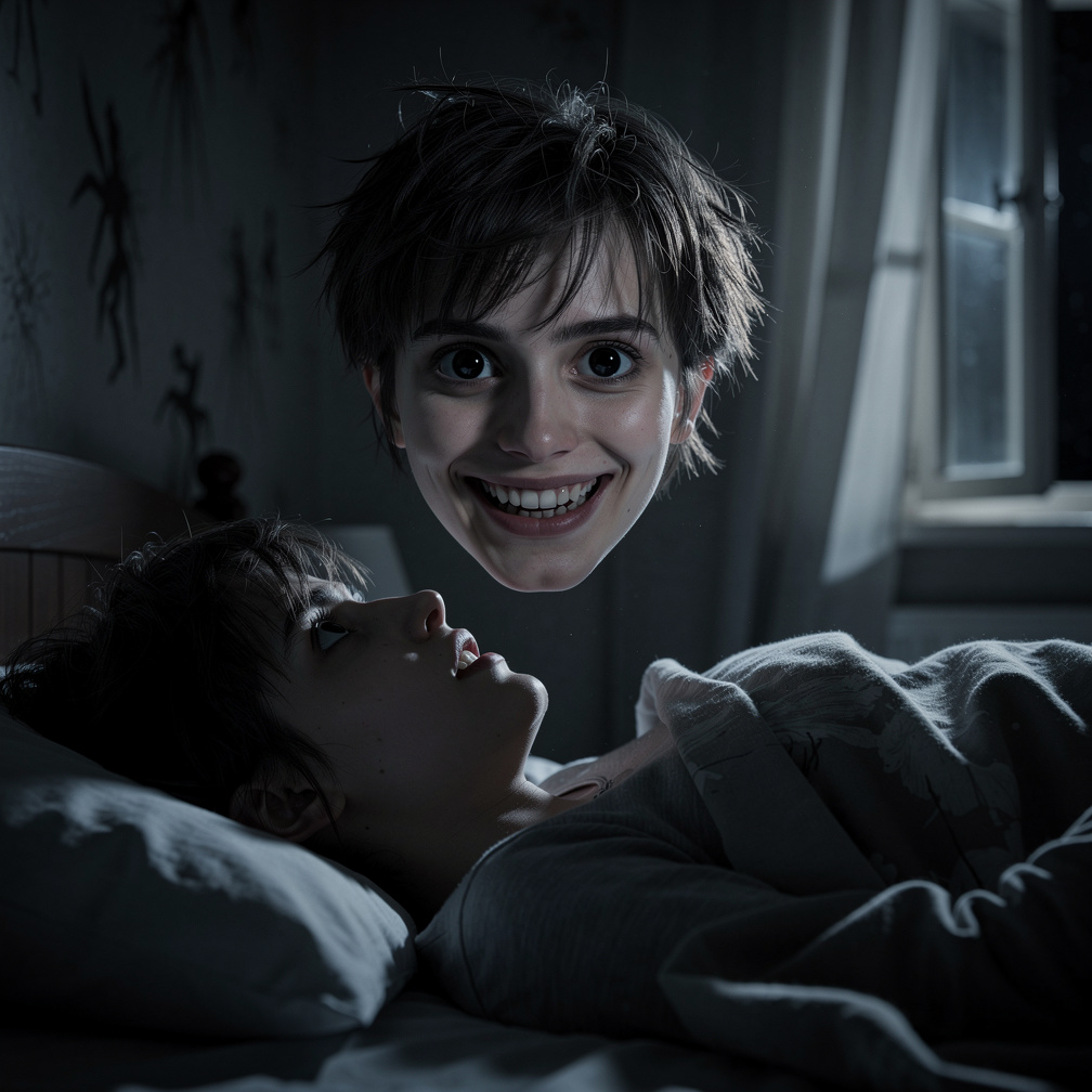 Your face's eyes lock onto yours, and the whisper fades to silence, replaced by an unsettling smile that grows wider.