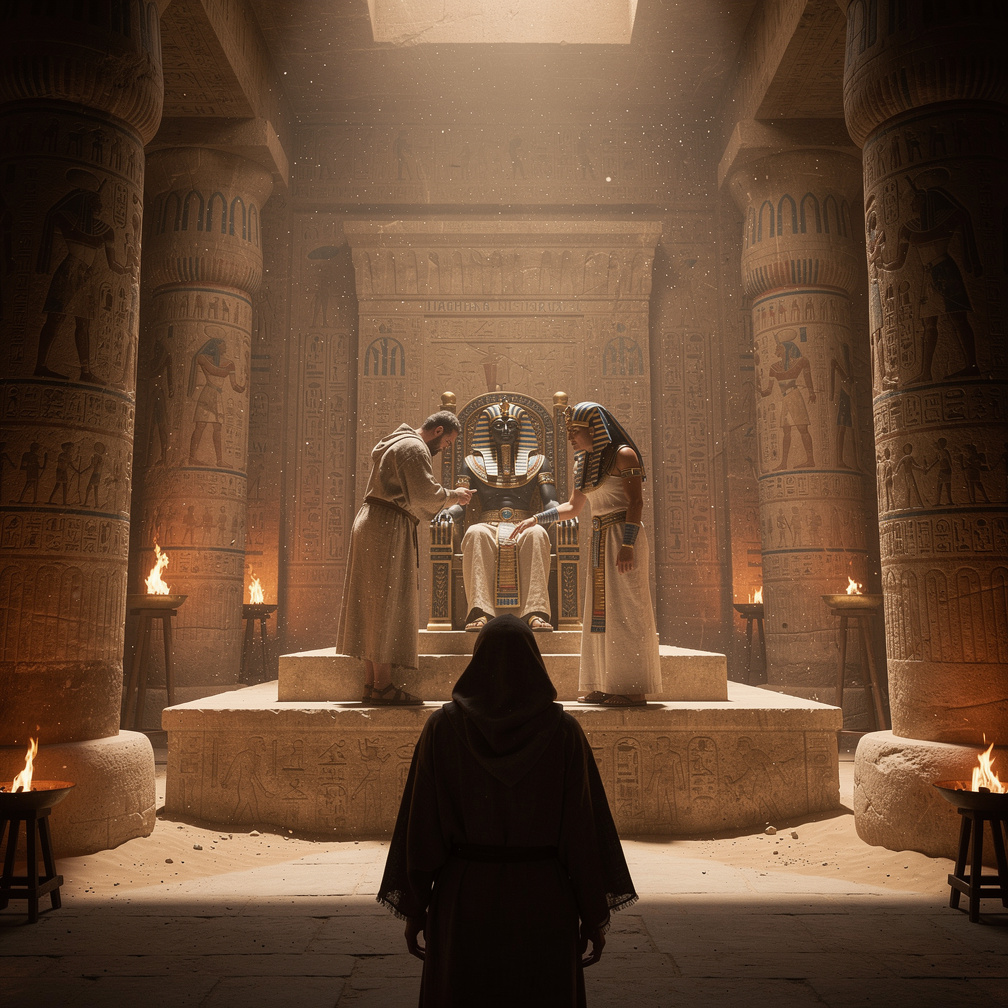 The Pharaoh sits on his throne, eyeing me with curiosity, and asks the priest about my presence.