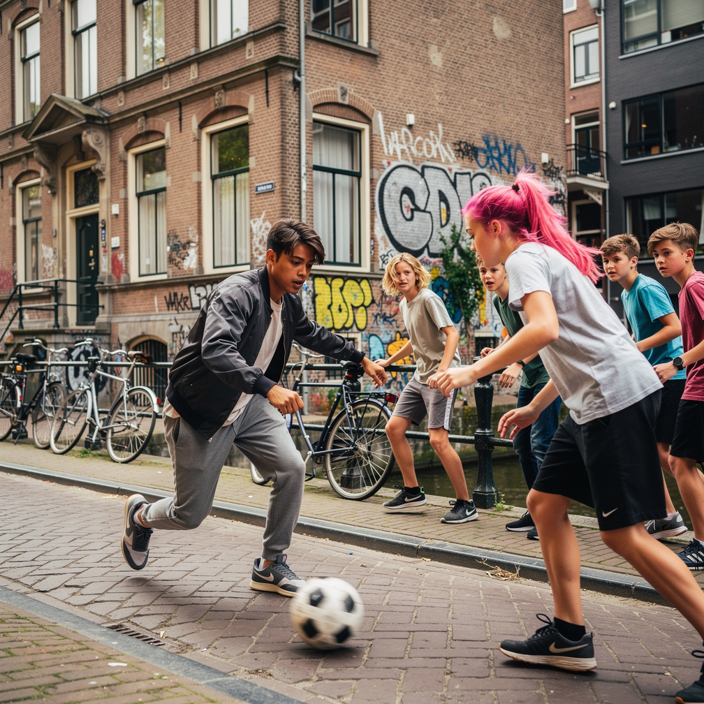 Milo joins the game, his streetwear blending in, as he dribbles past a girl with bright pink hair.