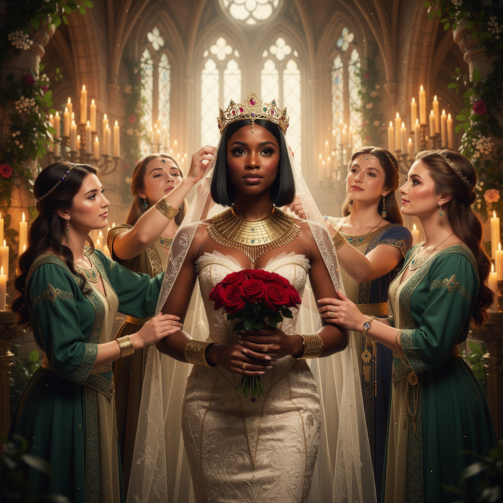 Women and handmaids of Narnia bathed, washed and anointed her and did her hair and got Bellanna dressed with jewels, wedding 