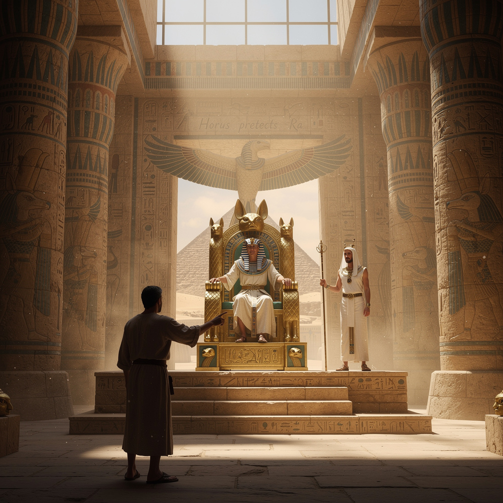 The Pharaoh raises an eyebrow, intrigued, and asks what brings a priest of Horus to his court.