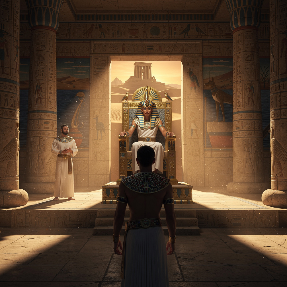 The Pharaoh's expression changes, seeming to consider the claim, and leans forward, asking what Horus's vision for Sudan is.