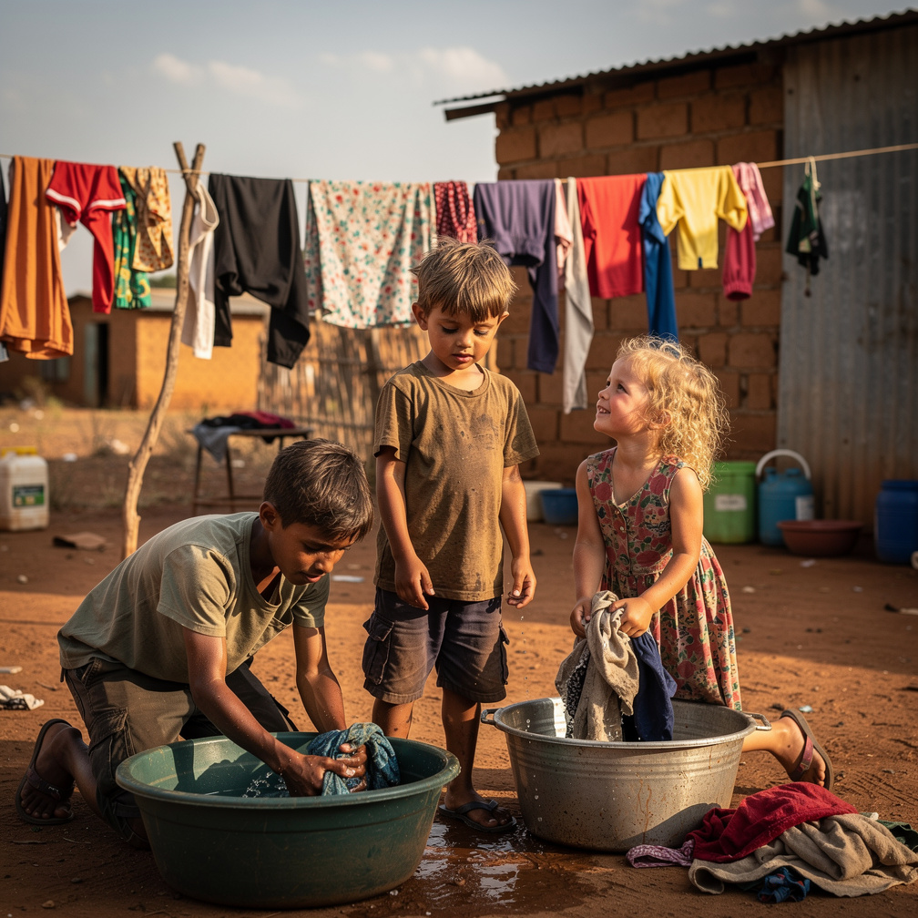 At Africa Children Having no Money and No School Clean up this Wash and Clothes with Their Family.