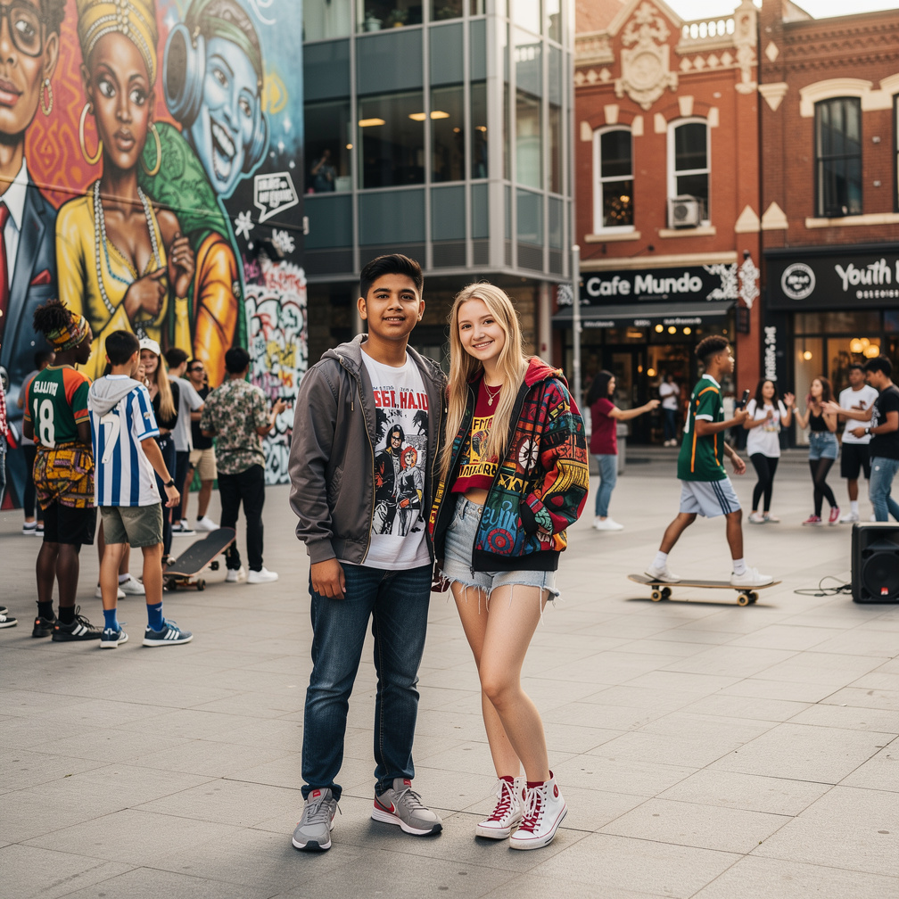 Youth culture with 16 year old Honduran American Mike and 17 year old Emily Blonde. A lot Of Teenagers and Preadolescence Afr