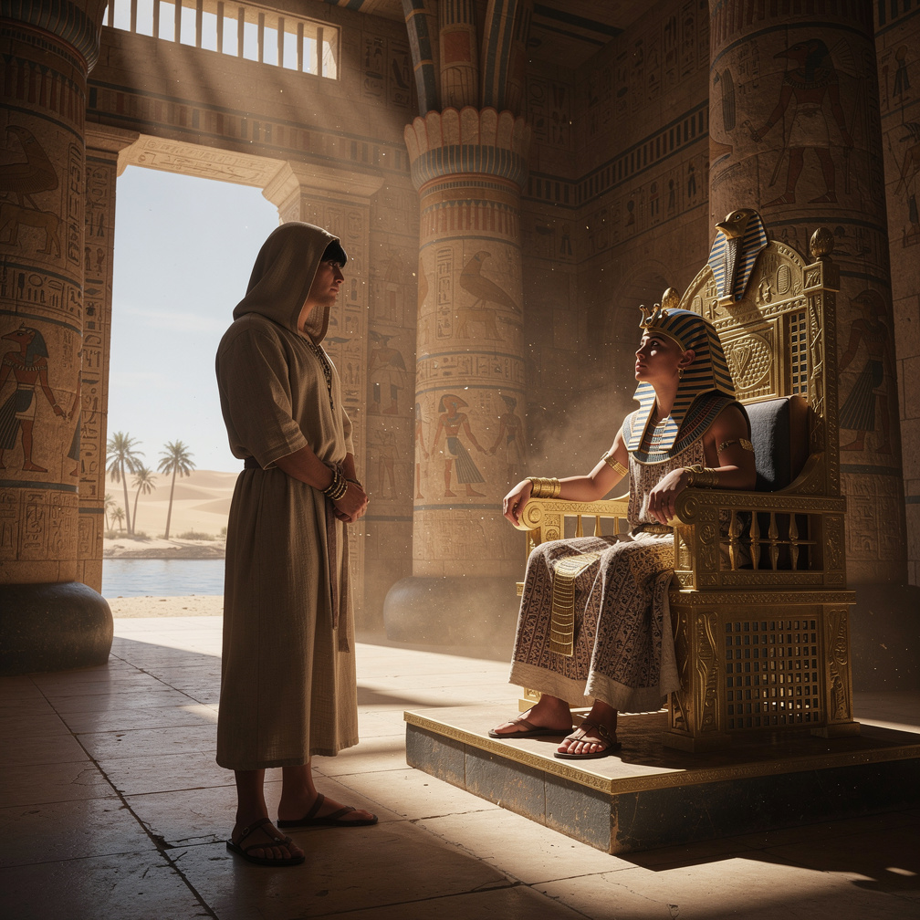 The Pharaoh's eyes narrow, clearly weighing the potential benefits and costs of such a conquest, and asks what Horus promises