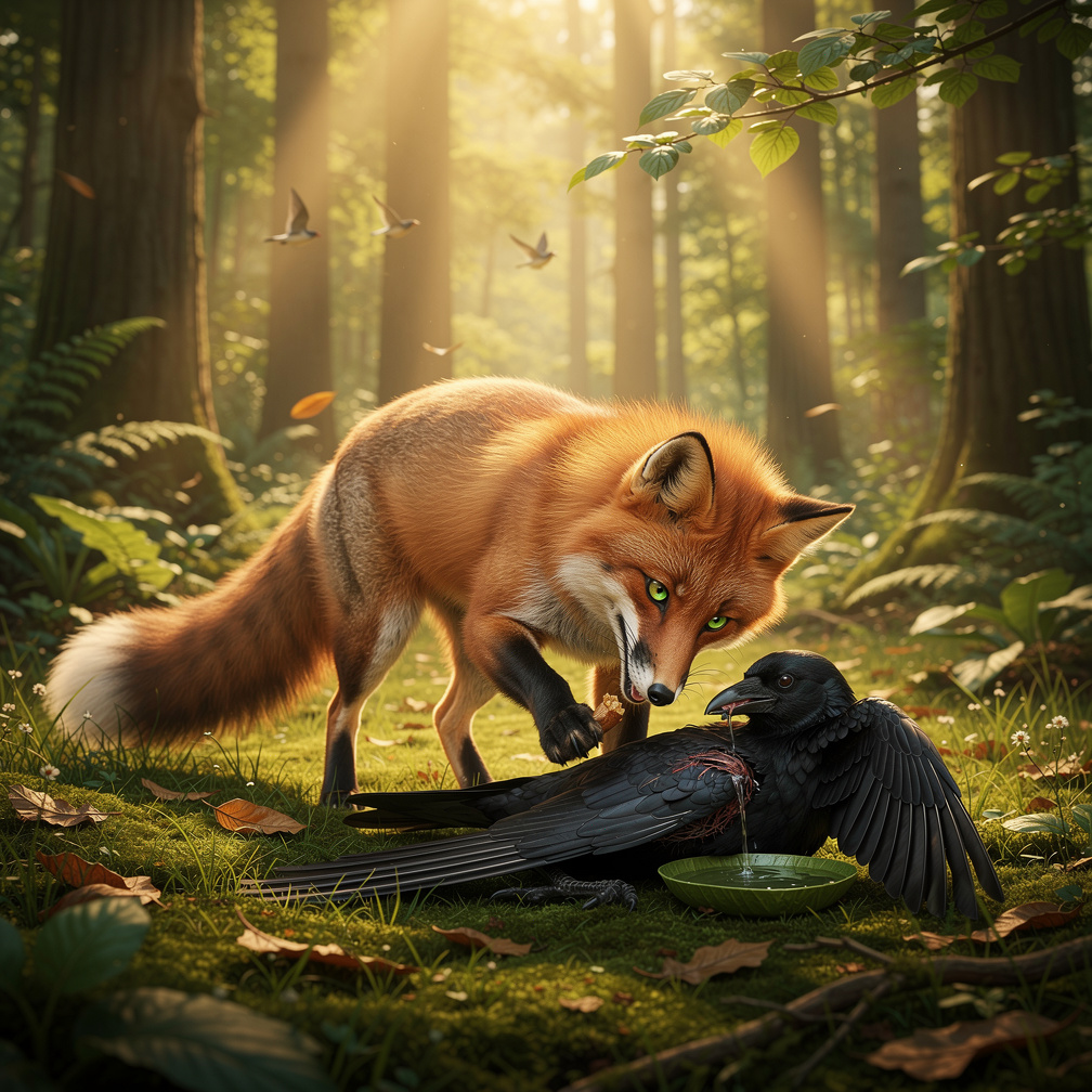 Ela encontrou um corvo ferido na floresta e decidiu cuidar dele.