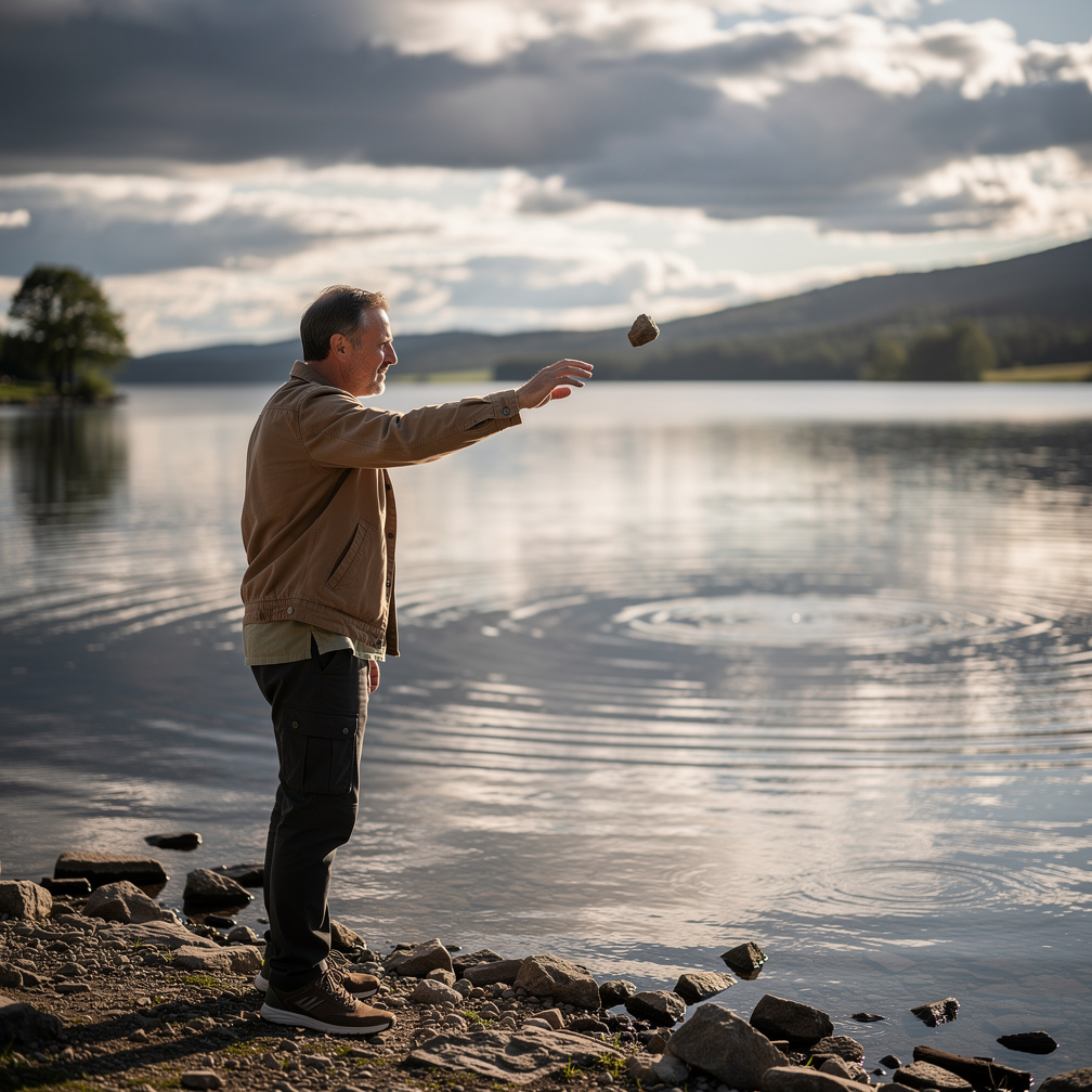 Imagine if: A male figure stands in front of the lake. He is throwing it with a rock towards the water. The sky is kind of gl