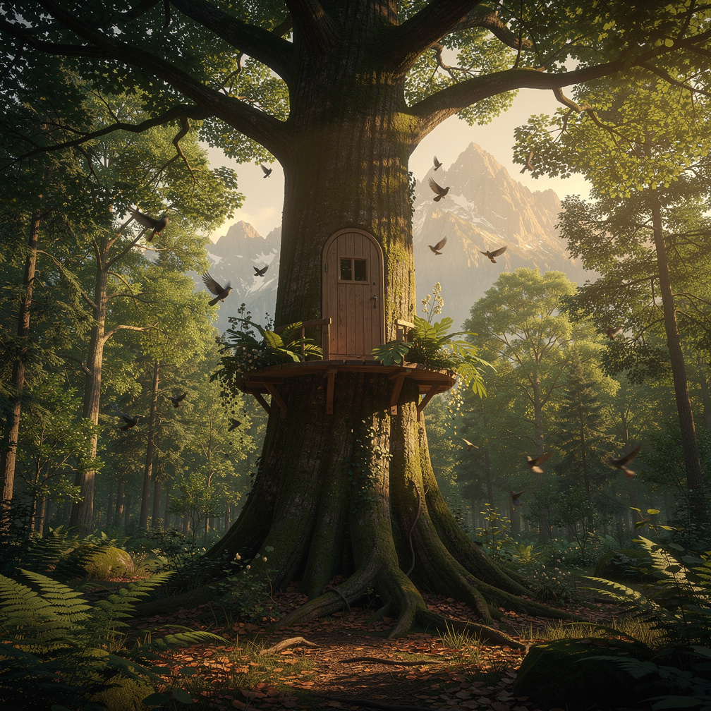 There's a treehouse inside the tree with the door and a window in the distance. With the background of the forest and mountai