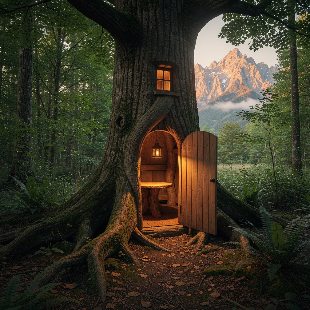 The door creaks open, revealing a cozy room with a small table and a lantern hanging from the ceiling.