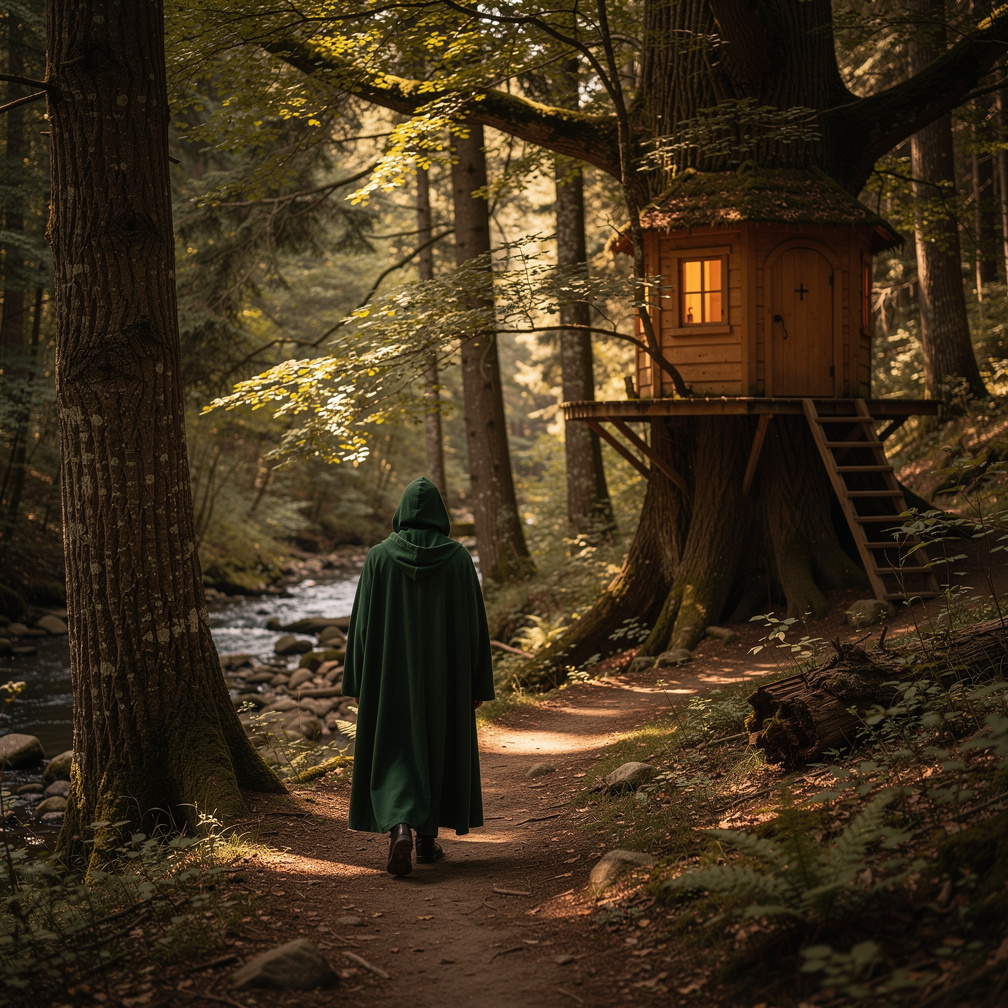 There's a male figure in long length hooded green cloak wandering on the trail in the forest.