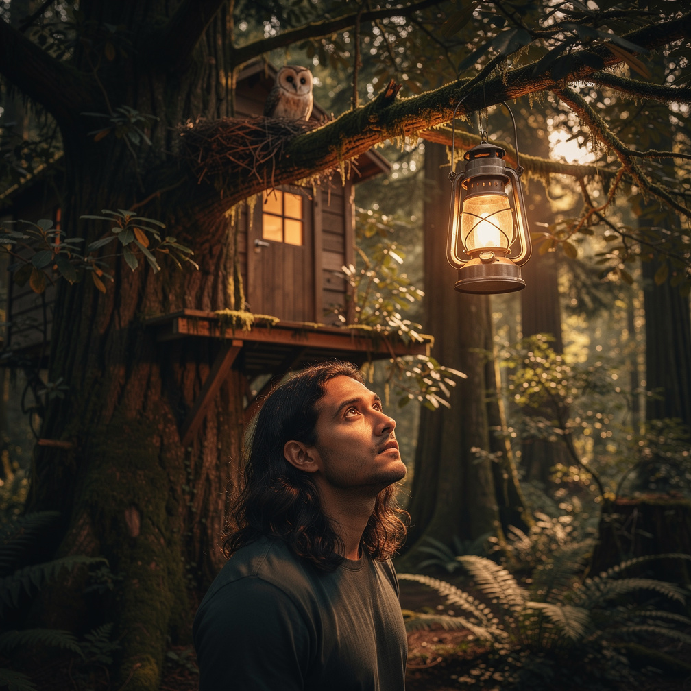 The hooded figure stops beneath the tree, looking up at the owl's nest and the treehouse door.