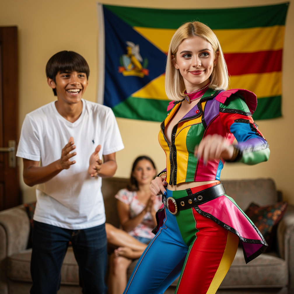 Emily Dancing inspired by Lady Gaga Bad Romance costume
Kiki and Mike Cheers São Tomé House flag on it the wall.